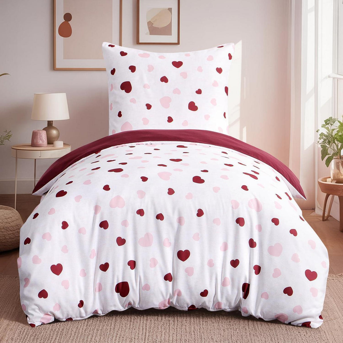 Bettwäsche-Set 155x220 Herzen Rosa Rot mit Kissenbezug