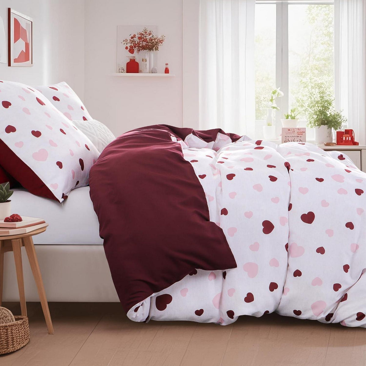 Bettwäsche-Set 155x220 Herzen Rosa Rot mit Kissenbezug