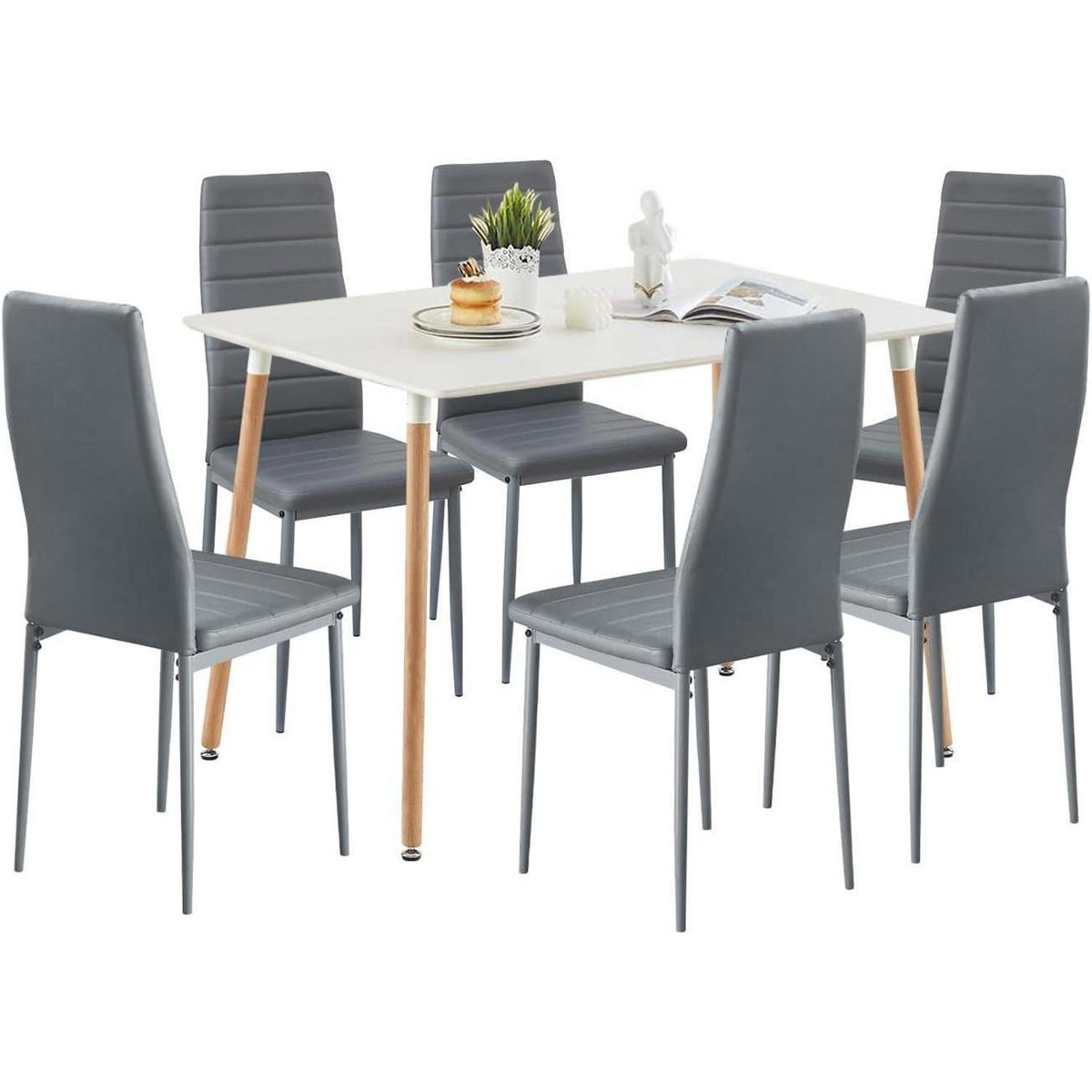 Essgruppen Set: Esstisch 110cm + 6 Esszimmerstühle Weiß/Grau