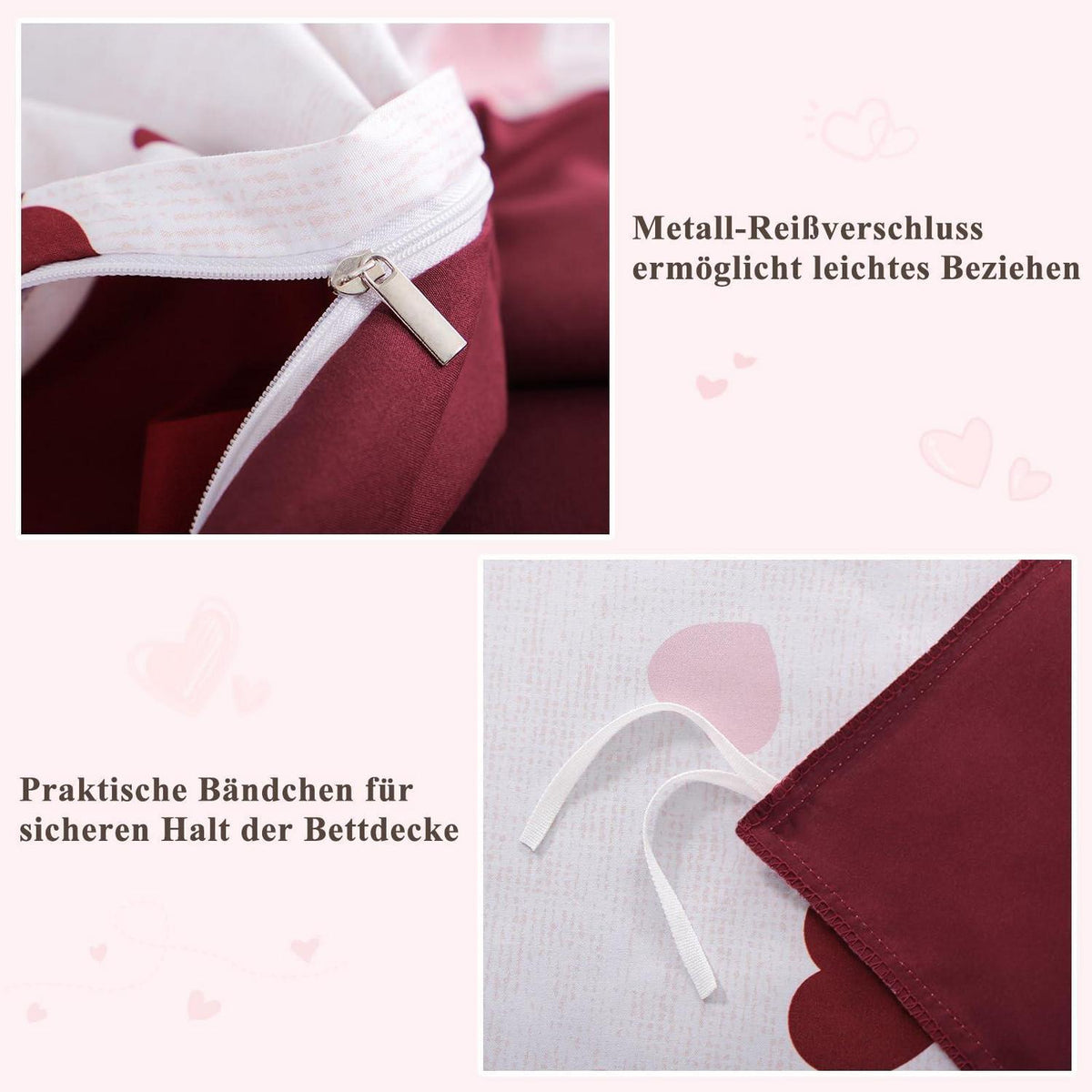 Bettwäsche-Set 200x220 Herzen Rot Rosa - 3-teilig Mikrofaser