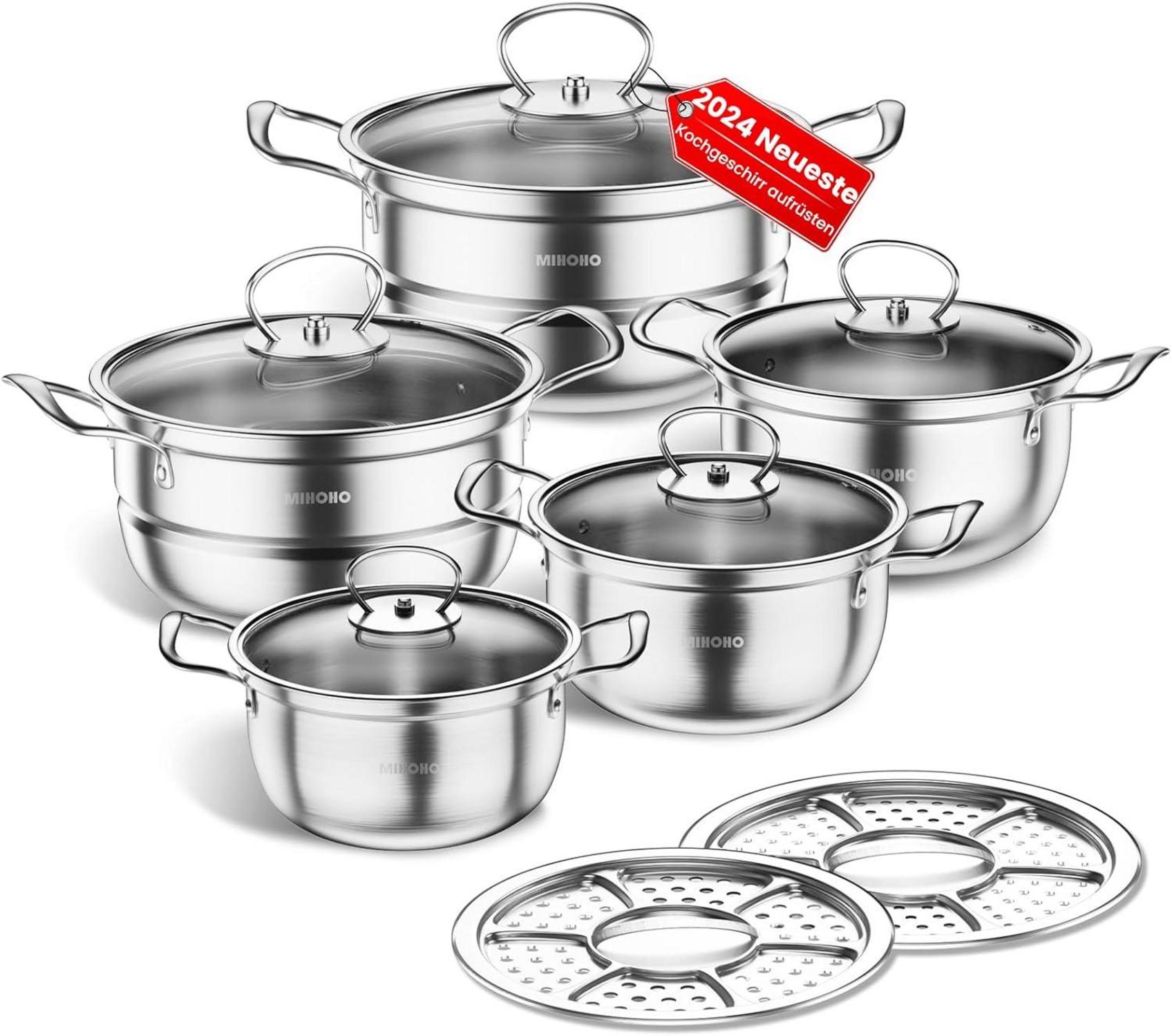Topfset Edelstahl Induktion 12-teilig Glasdeckel Stielkasserolle