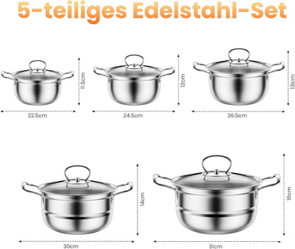 Topfset Edelstahl Induktion 12-teilig Glasdeckel Stielkasserolle
