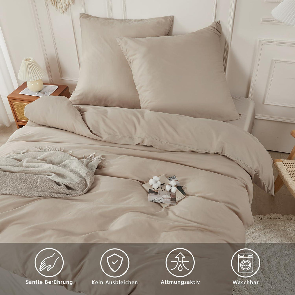 Baumwoll Bettwäsche Set 200x200 Beige | 3-teilig