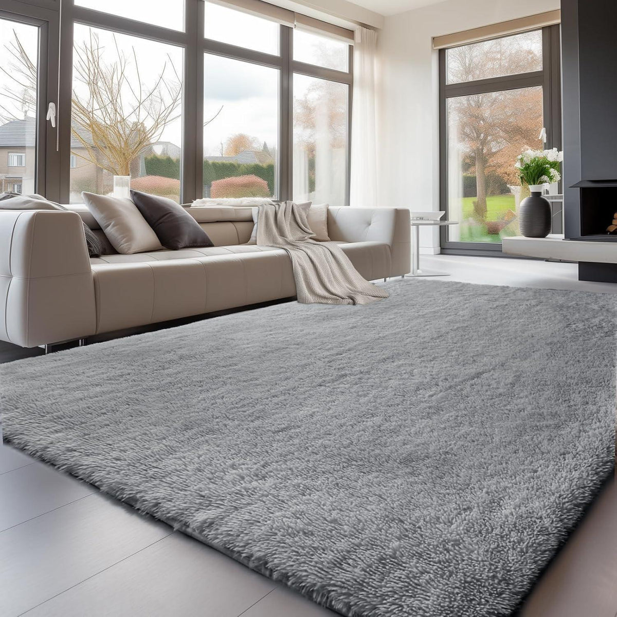 Grauer Hochflor Teppich 240x340 – Flauschiger Wohnzimmerteppich Waschbar