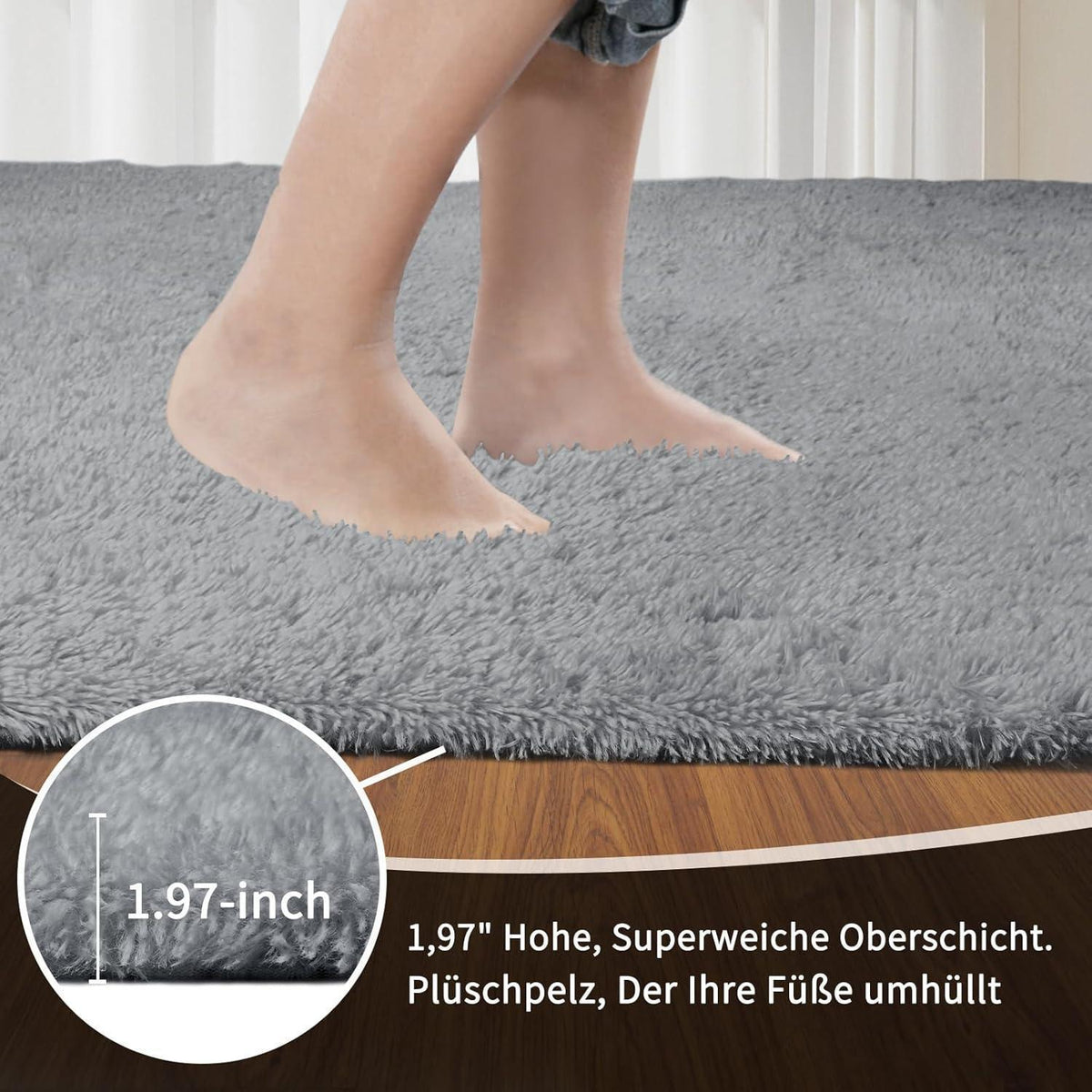 Grauer Hochflor Teppich 240x340 – Flauschiger Wohnzimmerteppich Waschbar
