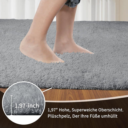 Grauer Hochflor Teppich 240x340 – Flauschiger Wohnzimmerteppich Waschbar