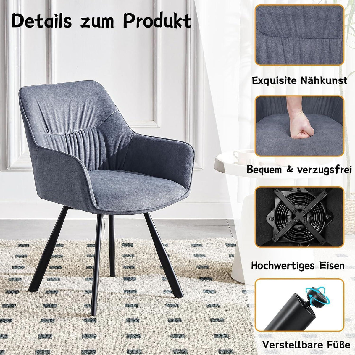 Drehbare Esszimmerstühle Grau 6er Set mit Armlehnen