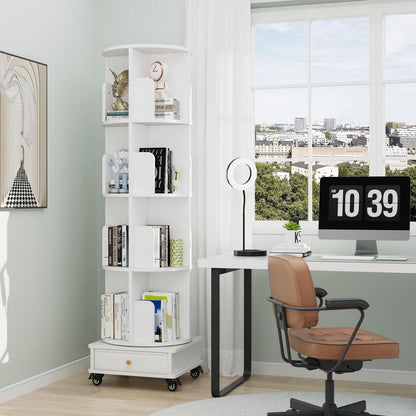 Drehbares Bücherregal mit Schubladen, 4 Böden, Weiß