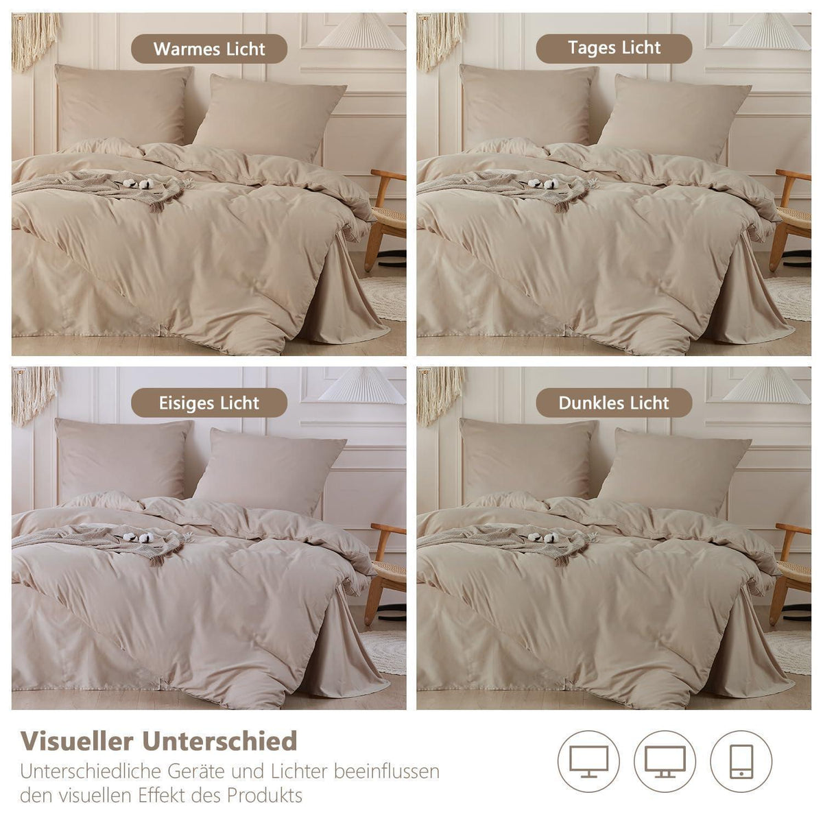 Baumwoll Bettwäsche Set 200x220 Beige, 3-teilig mit Kissenbezügen