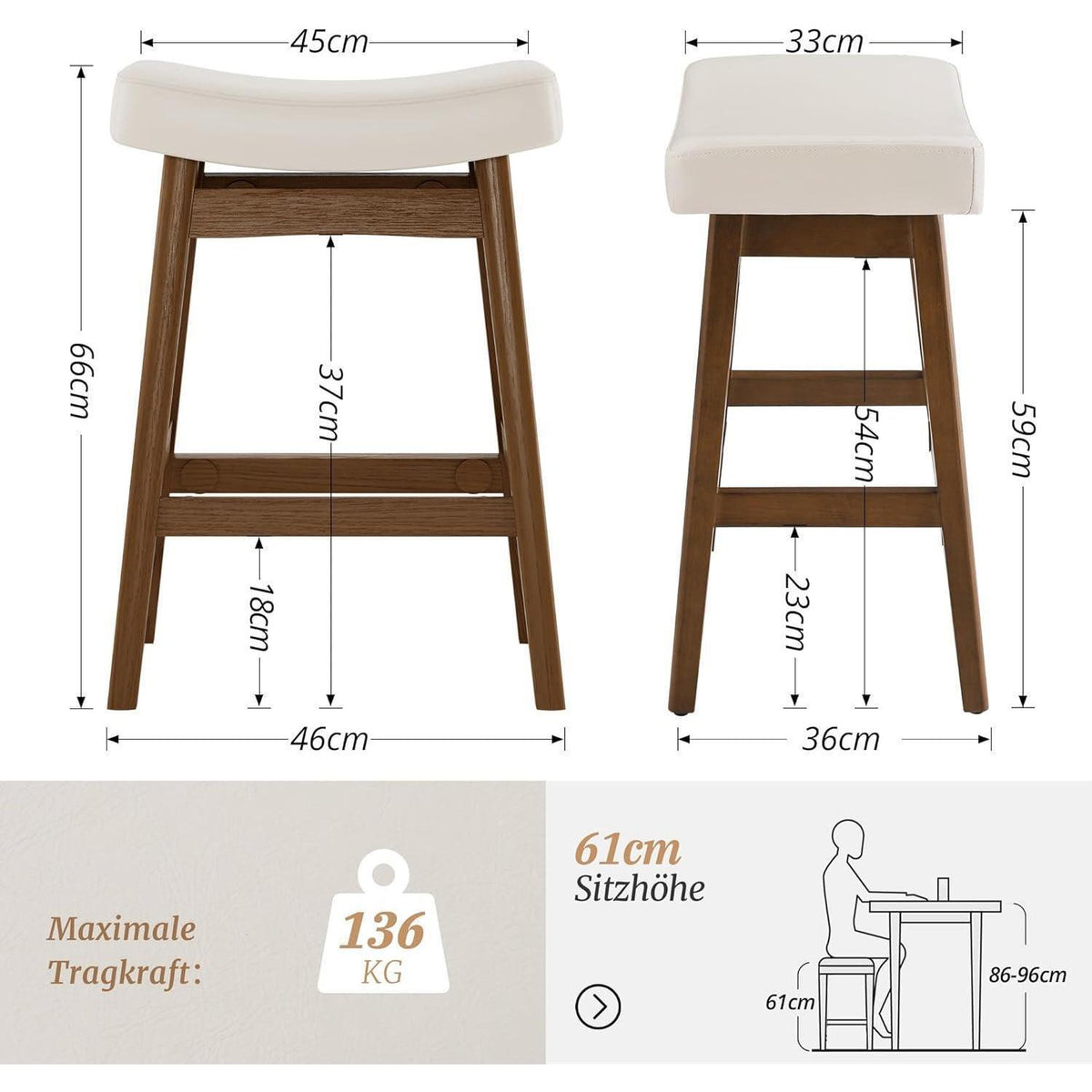 Barhocker Set 3er – 61cm & Holzbeine Weiß in Lederoptik