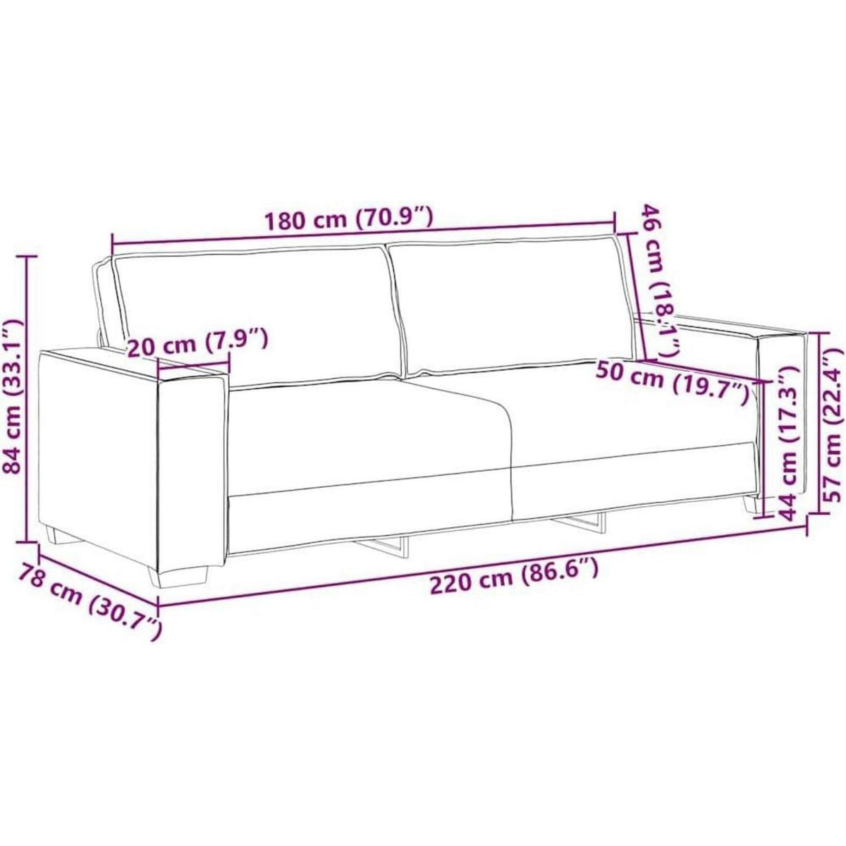 3-Sitzer Sofa 220 cm – Hellgrau, Modernes Polster Sofa