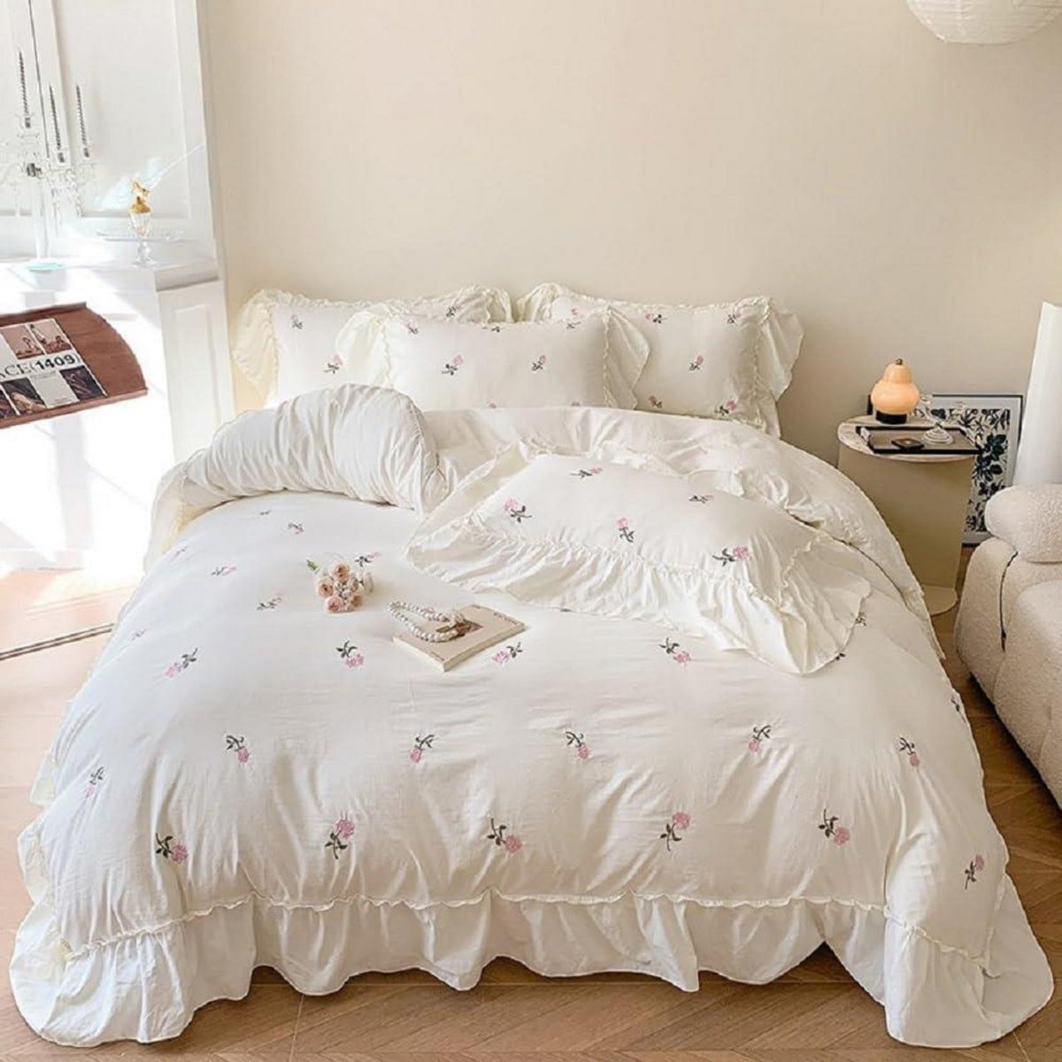 Romantische Rüschen Bettwäsche Set 220x240 Weiß Rosa Blumen
