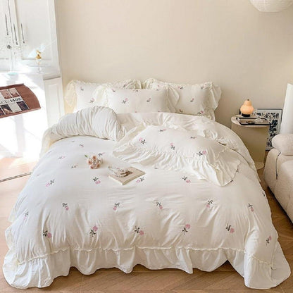 Romantische Rüschen Bettwäsche Set 220x240 Weiß Rosa Blumen