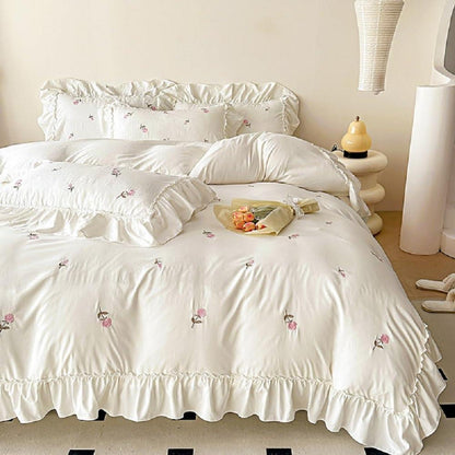 Romantische Rüschen Bettwäsche Set 220x240 Weiß Rosa Blumen
