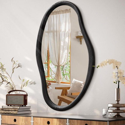 Asymmetrischer Wandspiegel Holz Schwarz 90x60 cm – Dekorativer Schminkspiegel