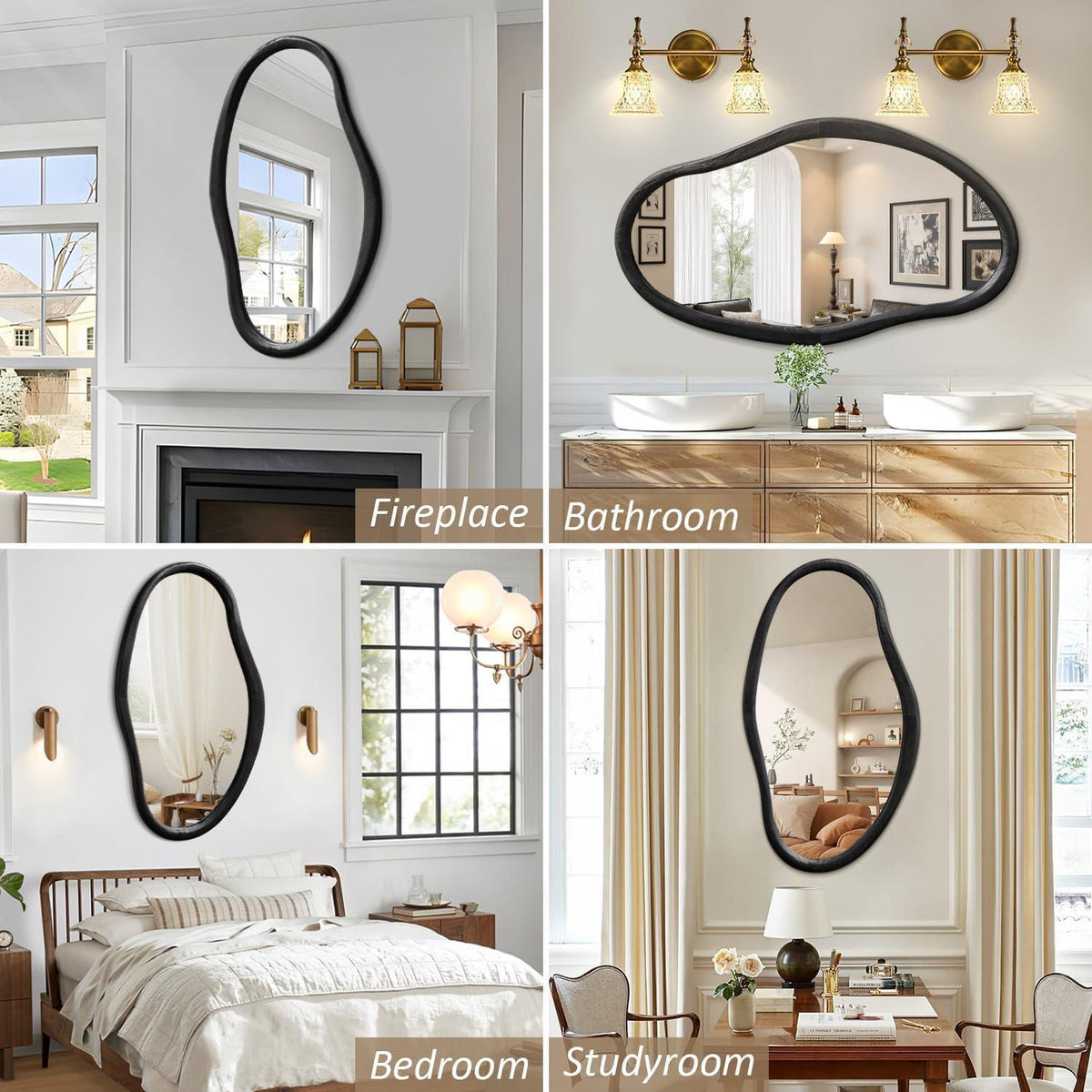Asymmetrischer Wandspiegel Holz Schwarz 90x60 cm – Dekorativer Schminkspiegel