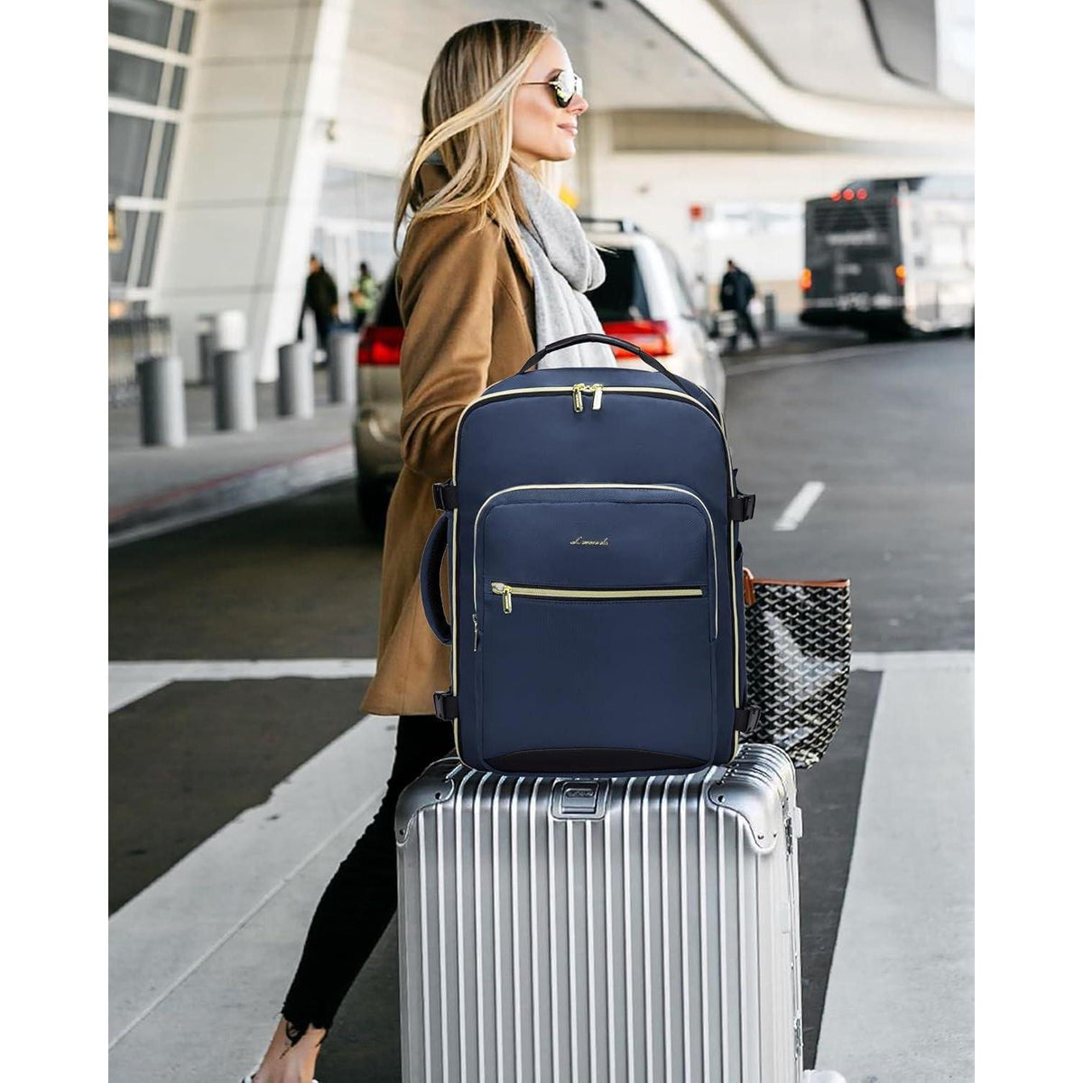 Handgepäck Rucksack 40L Flugzeug Kofferrucksack Damen Dunkelblau+Schwarz