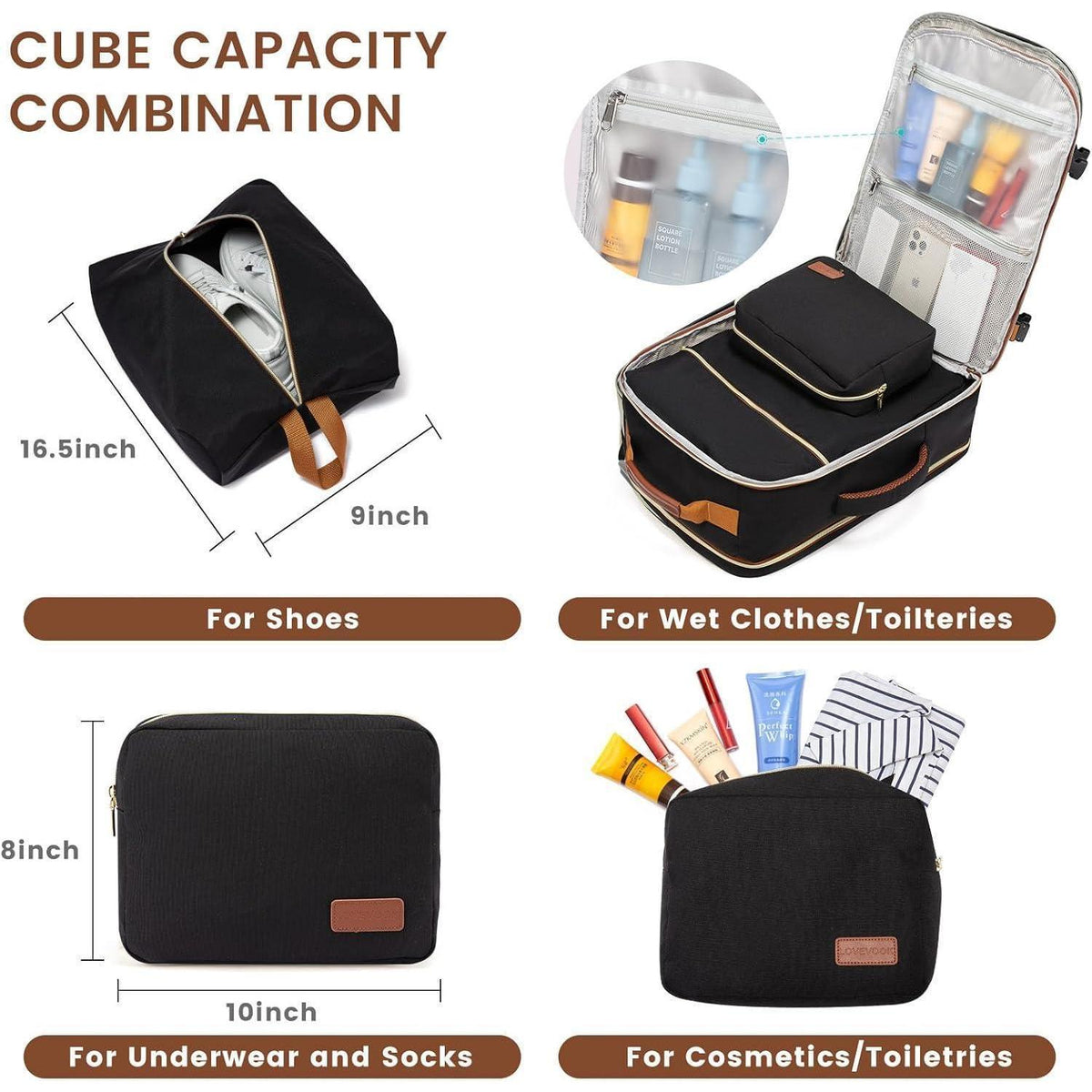 Handgepäck Rucksack 40L Damen, wasserdicht, Laptopfach, Kofferdesign, Schwarz+braun