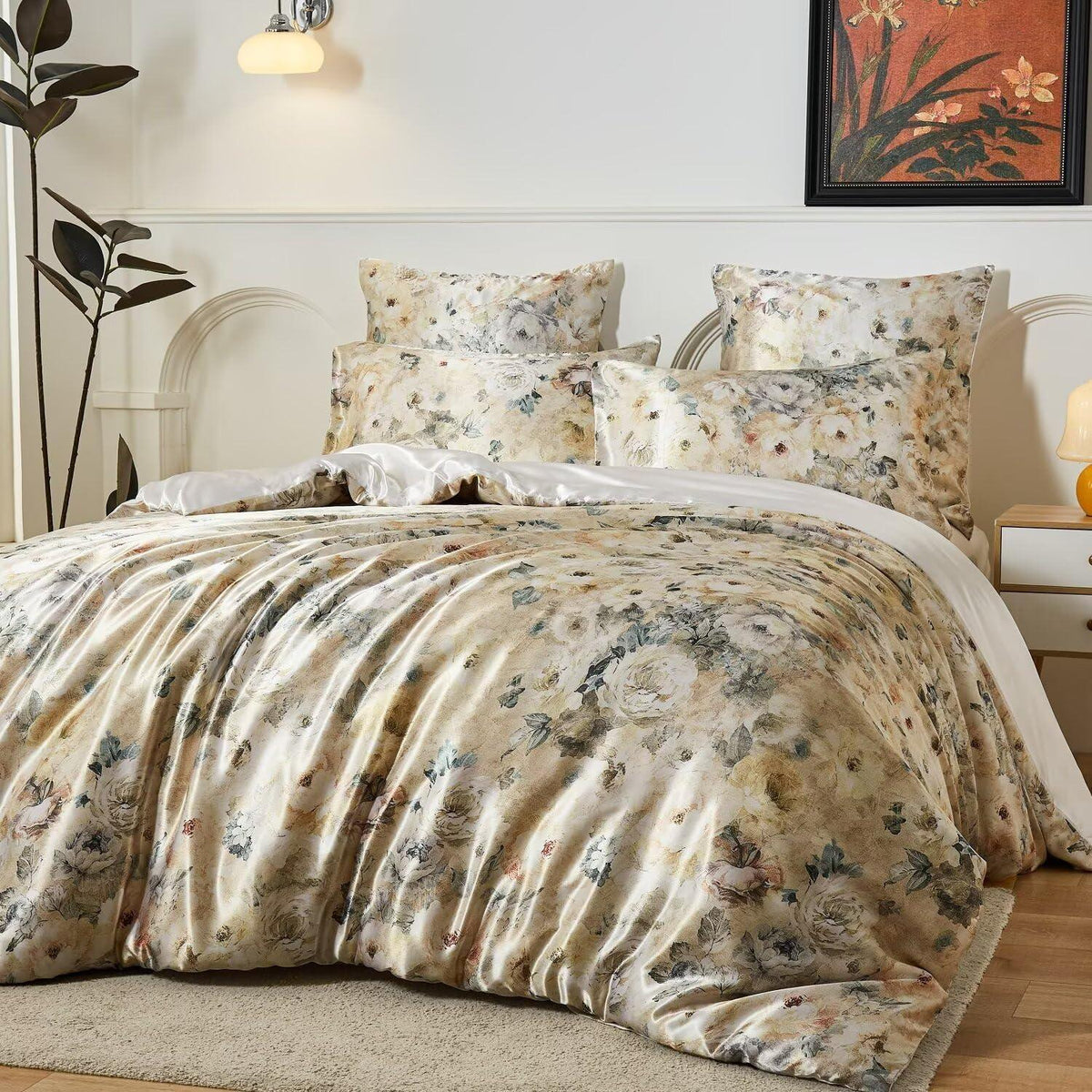 Satin Bettwäsche Set 135x200 cm - Blumenmuster Vintage Stil