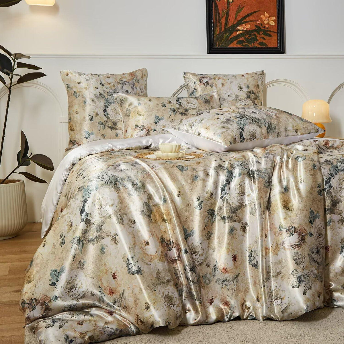 Satin Bettwäsche Set 220x240 cm mit Blumenmuster & 2 Kissenbezüge