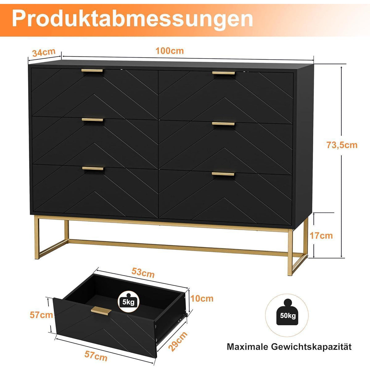 Schubladenschrank 6 Schubladen Schwarz – V-Linie Serie