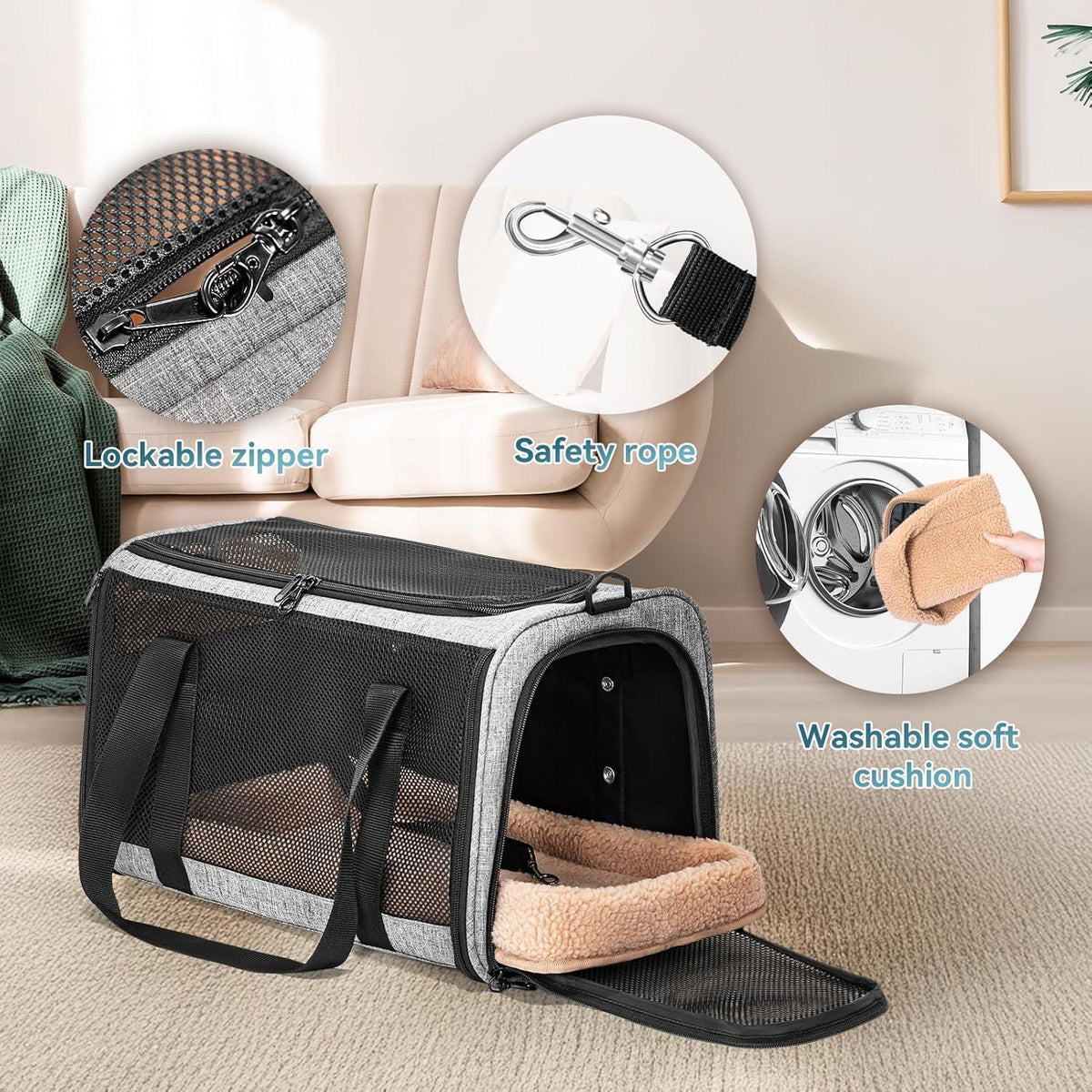 Katzen Transportbox faltbar mit Netz & Kissen – Grau L