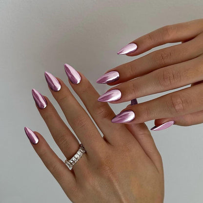 Rosa Chrome Press On Nails - Mandel Form, Spiegel Effekt