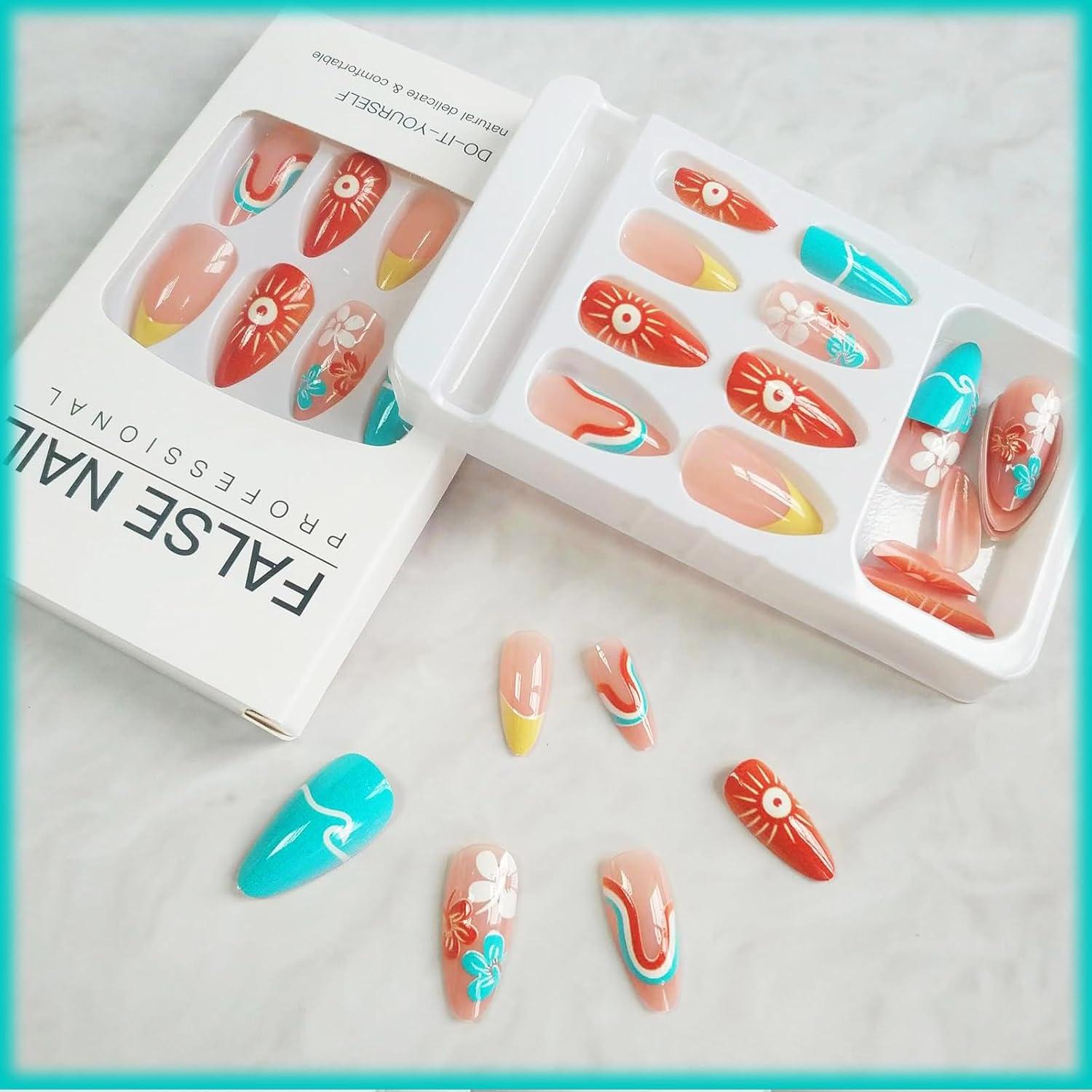 24 Stück Sommer Press on Nails French Tips Mittelgroß Orange Acrylnägel Fake Nail Wellen