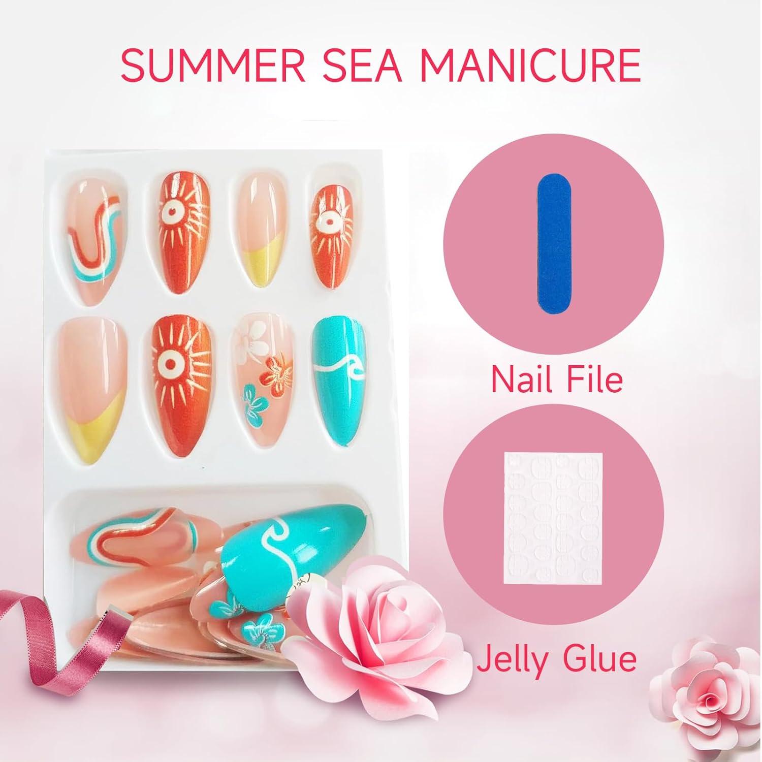 24er Set Mittelgroße Sommer Mandel French Tips Fake Nägel Orange Glanz