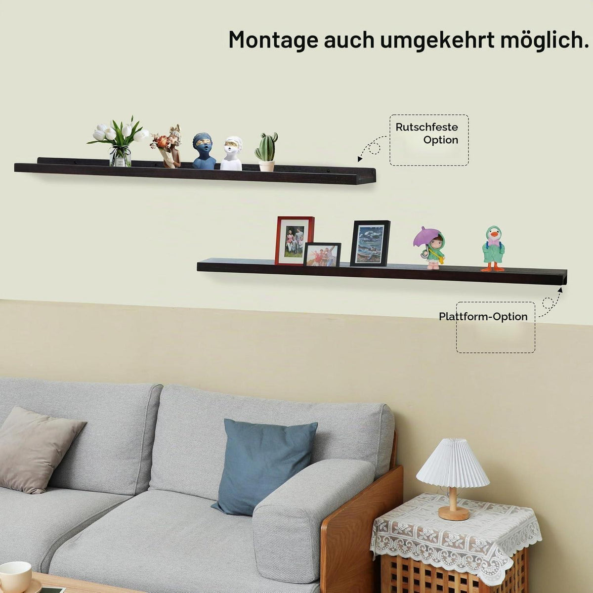 Schweberegal aus Massivholz mit Schutzleiste, 2er-Set Walnuss