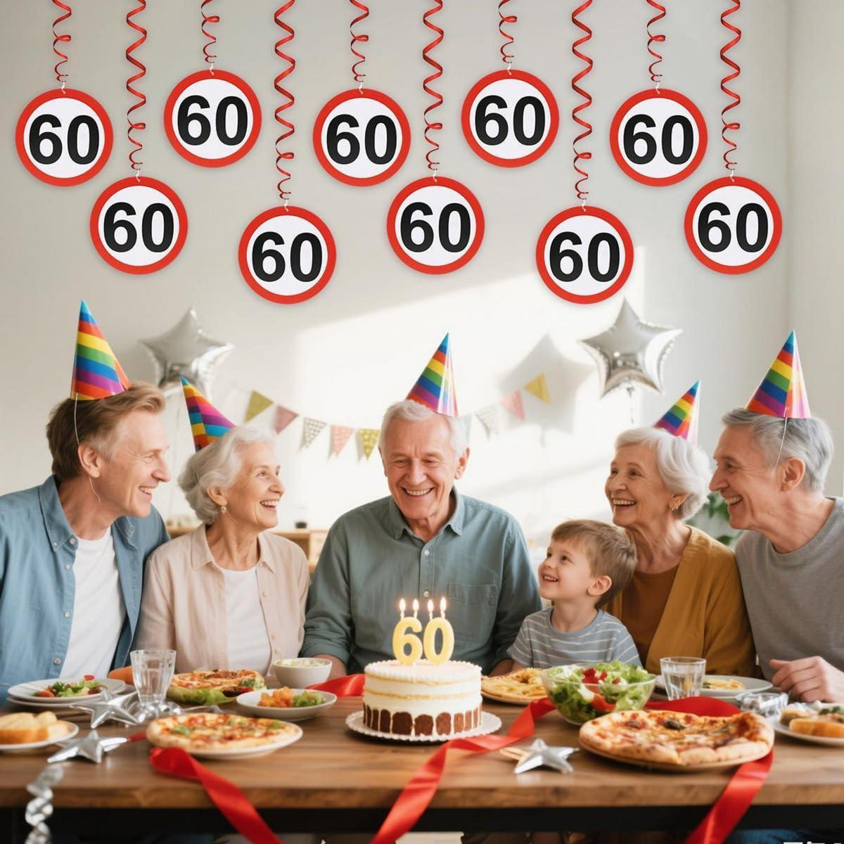 Girlande 60. Geburtstag Deko – 12x Verkehrsschild Spiralen