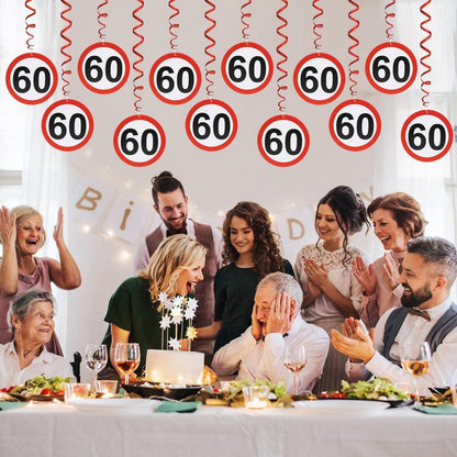 Girlande 60. Geburtstag Deko – 12x Verkehrsschild Spiralen