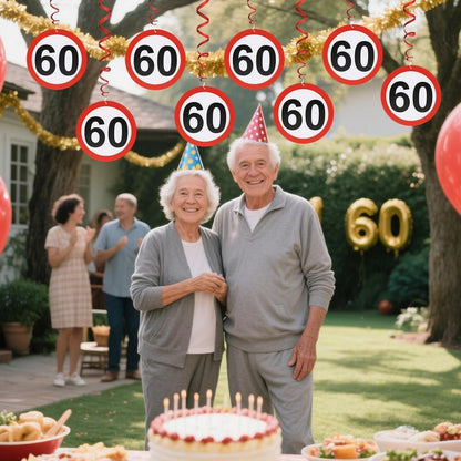 Girlande 60. Geburtstag Deko – 12x Verkehrsschild Spiralen