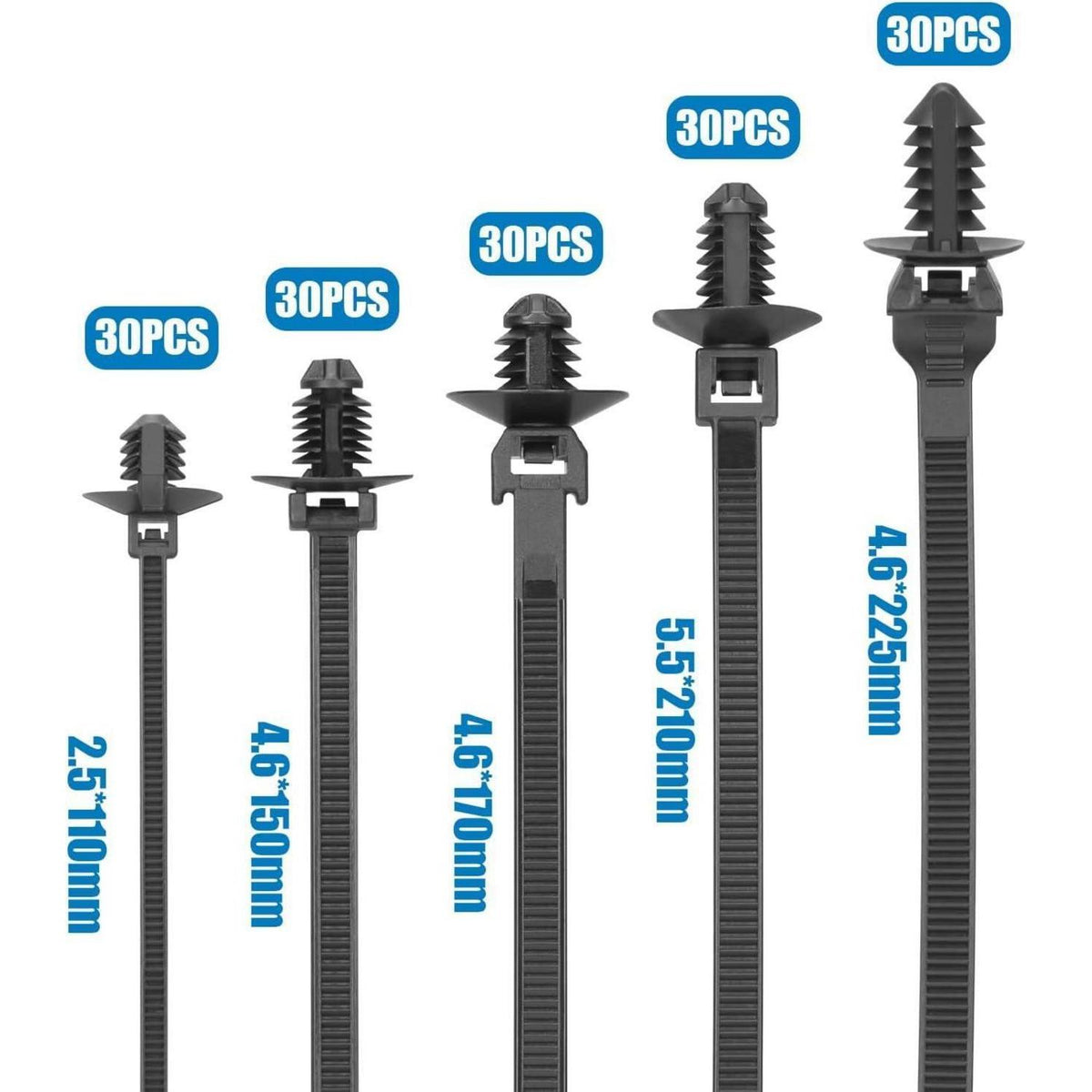 150x Kabelbinder Push Mount Set – 5 Typen für Auto & Haushalt