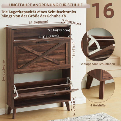 Schmaler Schuhschrank mit 2 Klappen – Braun & Platz für 16 Paar