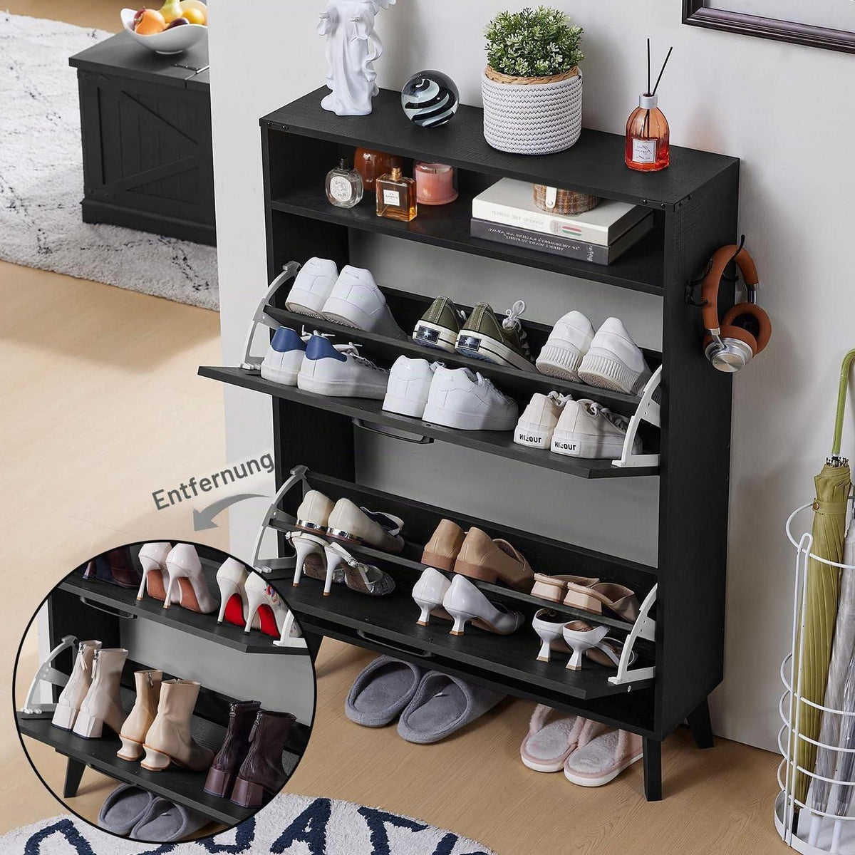 Schmaler Schuhschrank mit 2 Klappen – Schwarz & Platz für 16 Paar
