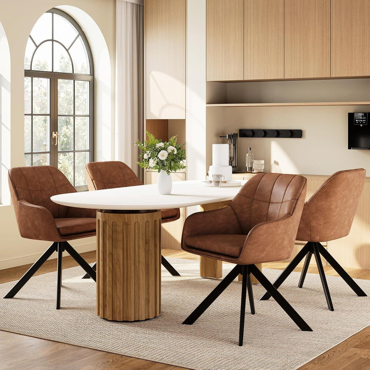Drehbarer Esszimmerstuhl Braun 4er Set mit Armlehnen in Lederoptik