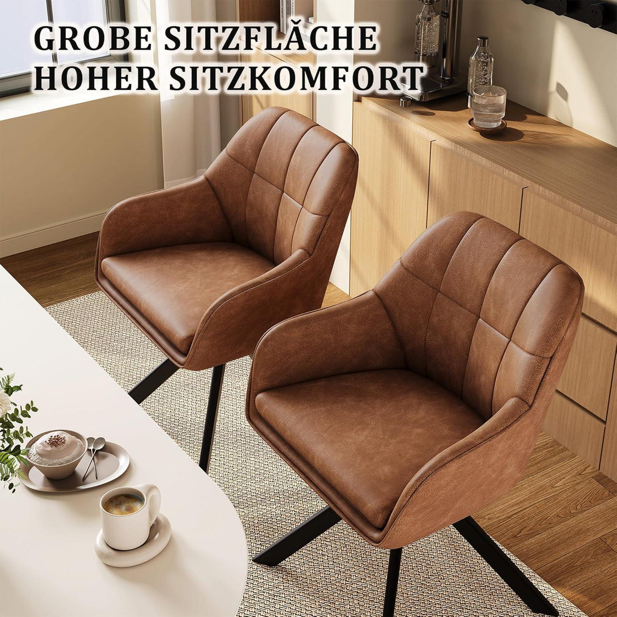 Drehbarer Esszimmerstuhl Braun 4er Set mit Armlehnen in Lederoptik