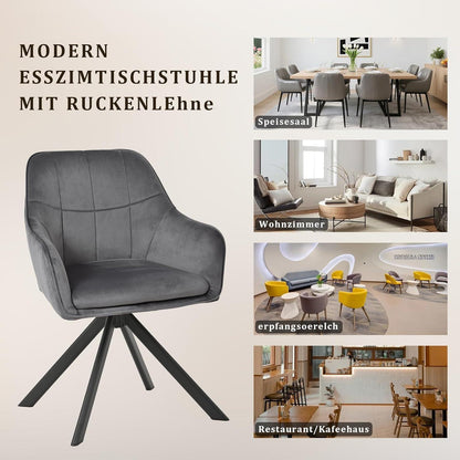 Drehbarer Esszimmerstuhl Set Grau – Samt & Metall, 2er Pack