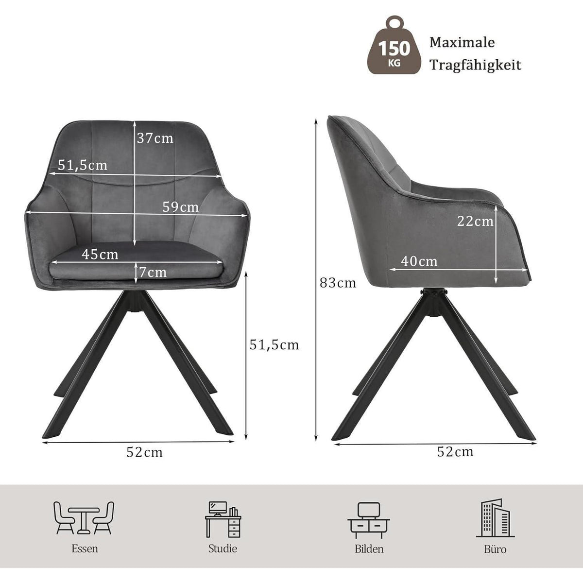 Drehbarer Esszimmerstuhl Set Grau – Samt & Metall, 4er Set