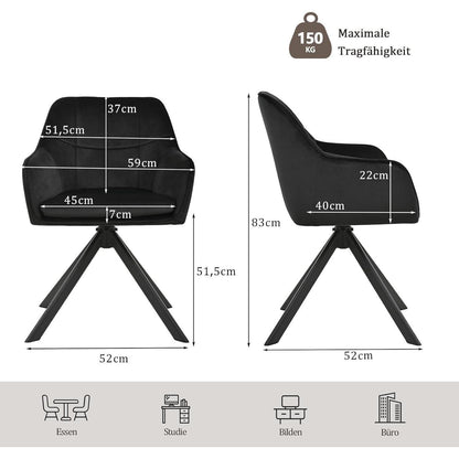 Drehbarer Esszimmerstuhl Set 2 Schwarz – Samt & Metall