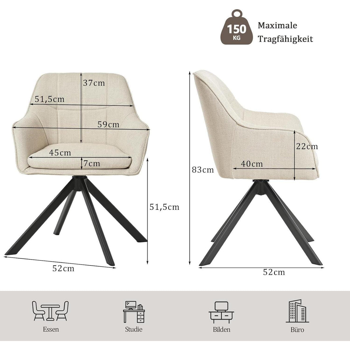 Drehstuhl Esszimmer Beige – 4er Set, Polsterstuhl mit Kratzschutz