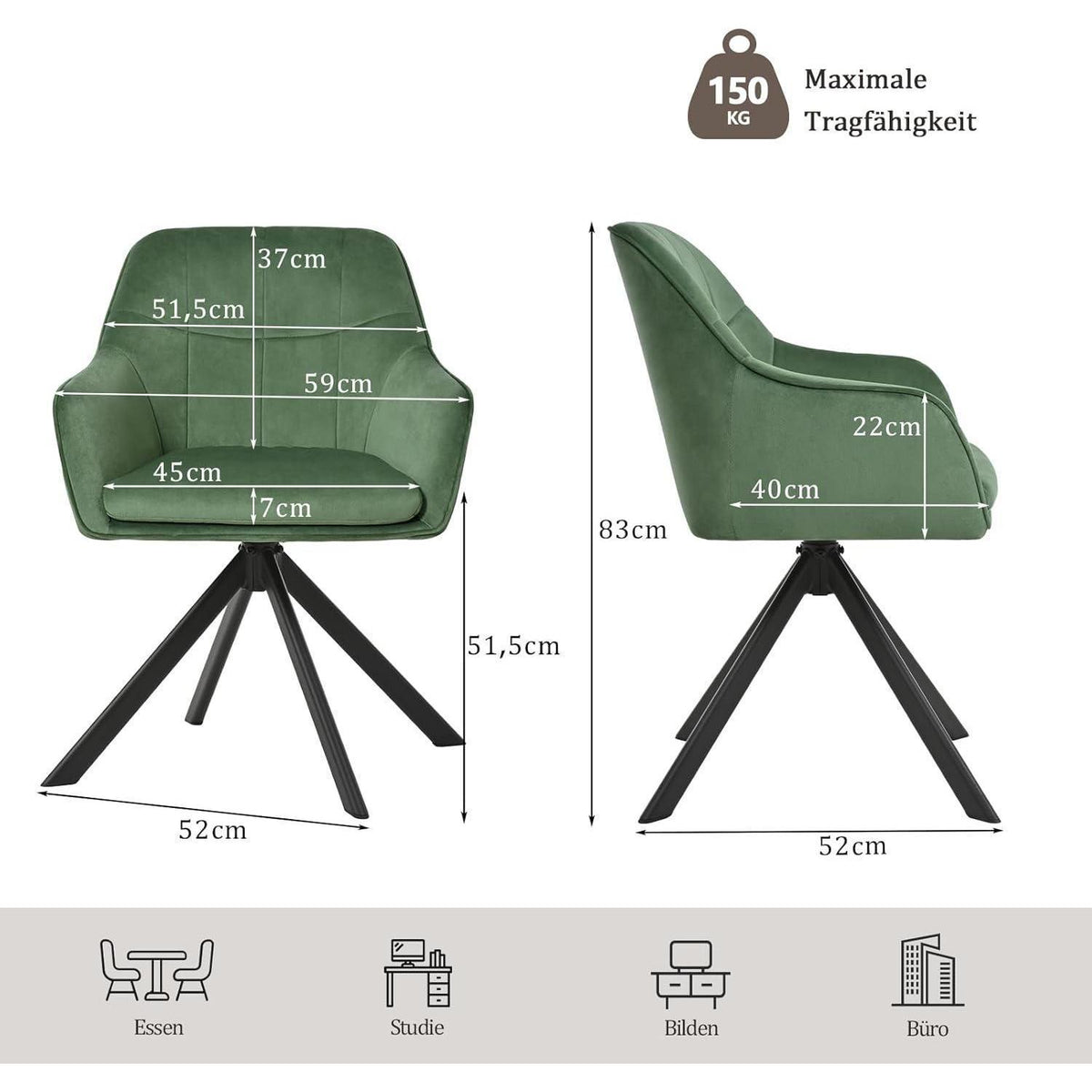 Drehstuhl Esszimmer 4er Set Samt Grün mit Armlehne