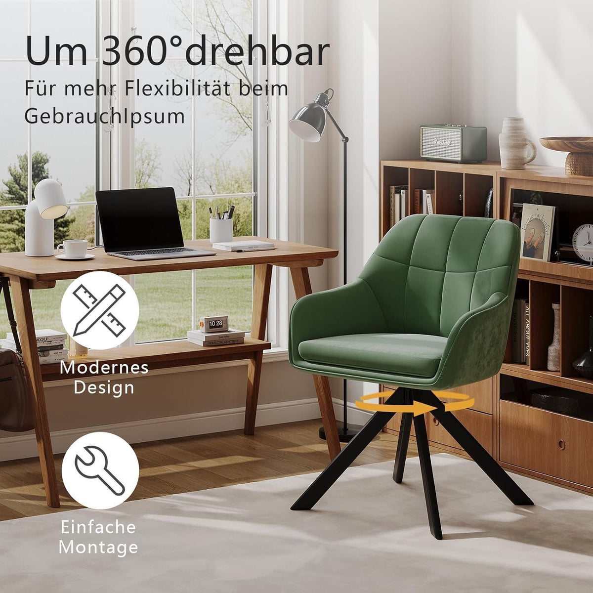 Drehstuhl Esszimmer 4er Set Samt Grün mit Armlehne