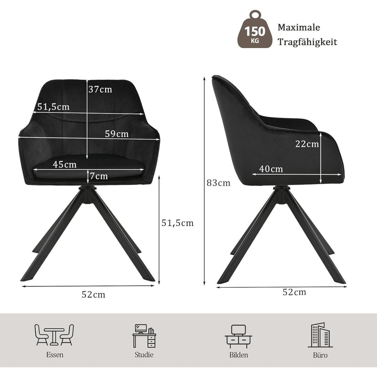 Drehbarer Esszimmerstuhl Set 6er Schwarz – Samt & Metall