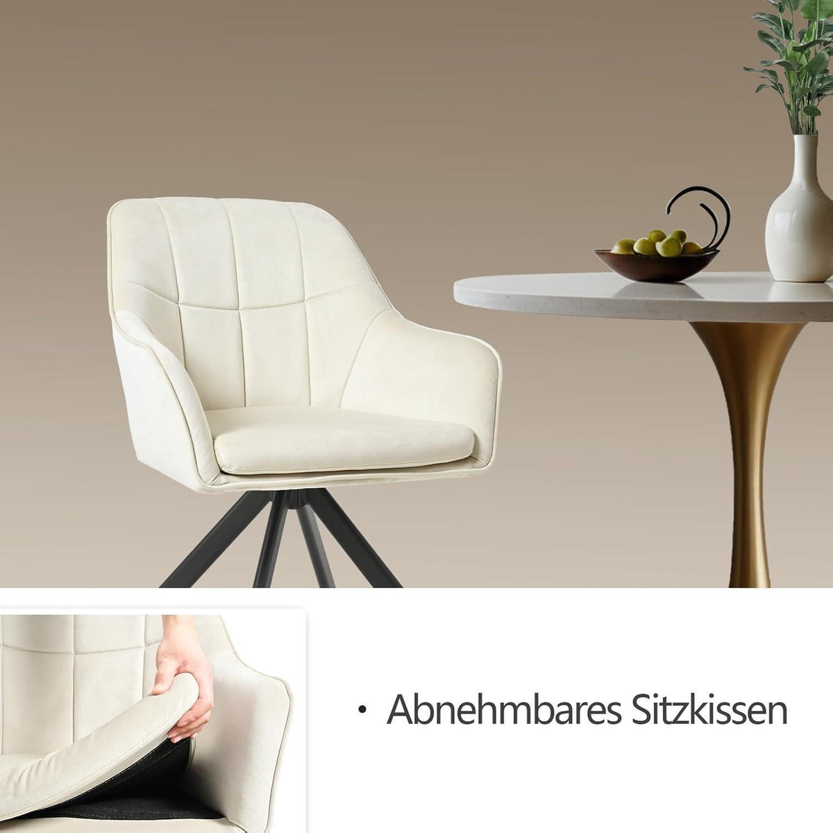 Drehbarer Esszimmerstuhl 2er Set Creme – Polsterstuhl mit Armlehne