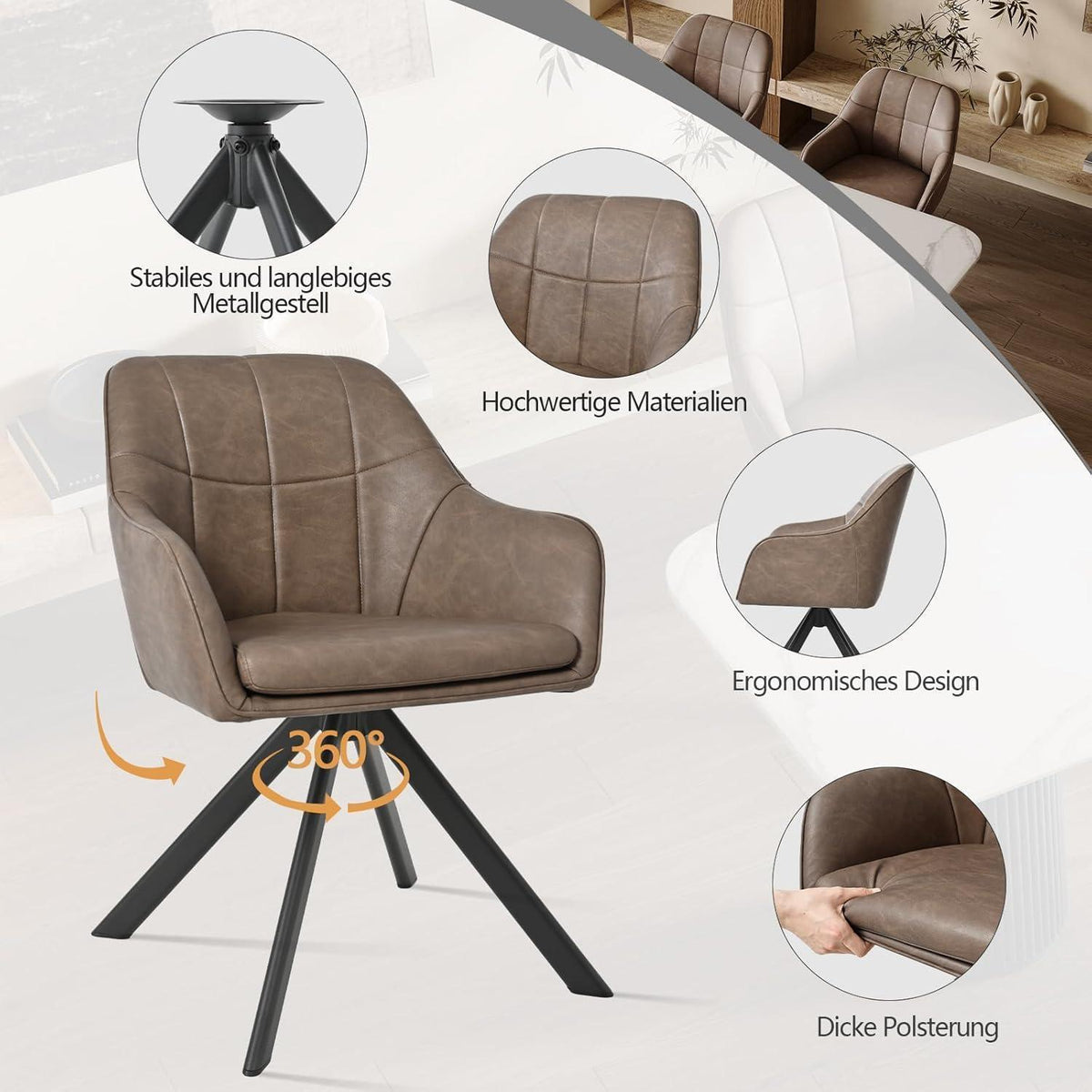 Drehbarer Esszimmerstuhl mit Armlehne – Dunkelbraun 2er Set