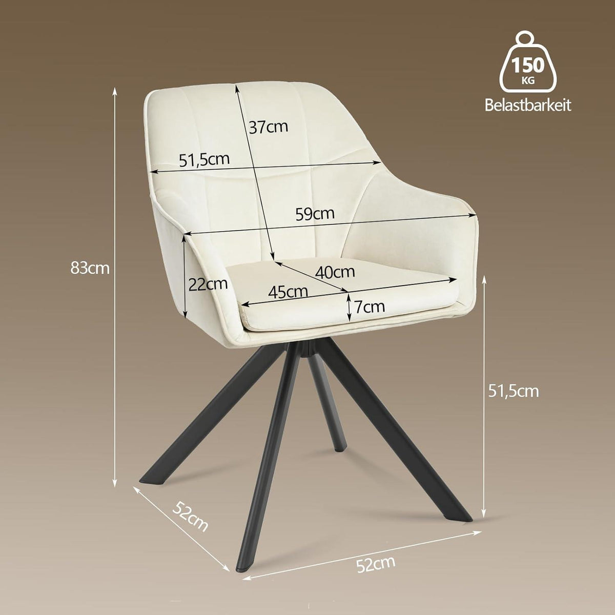 Drehbarer Esszimmerstuhl Set Creme – 4er Polsterstuhl mit Armlehne