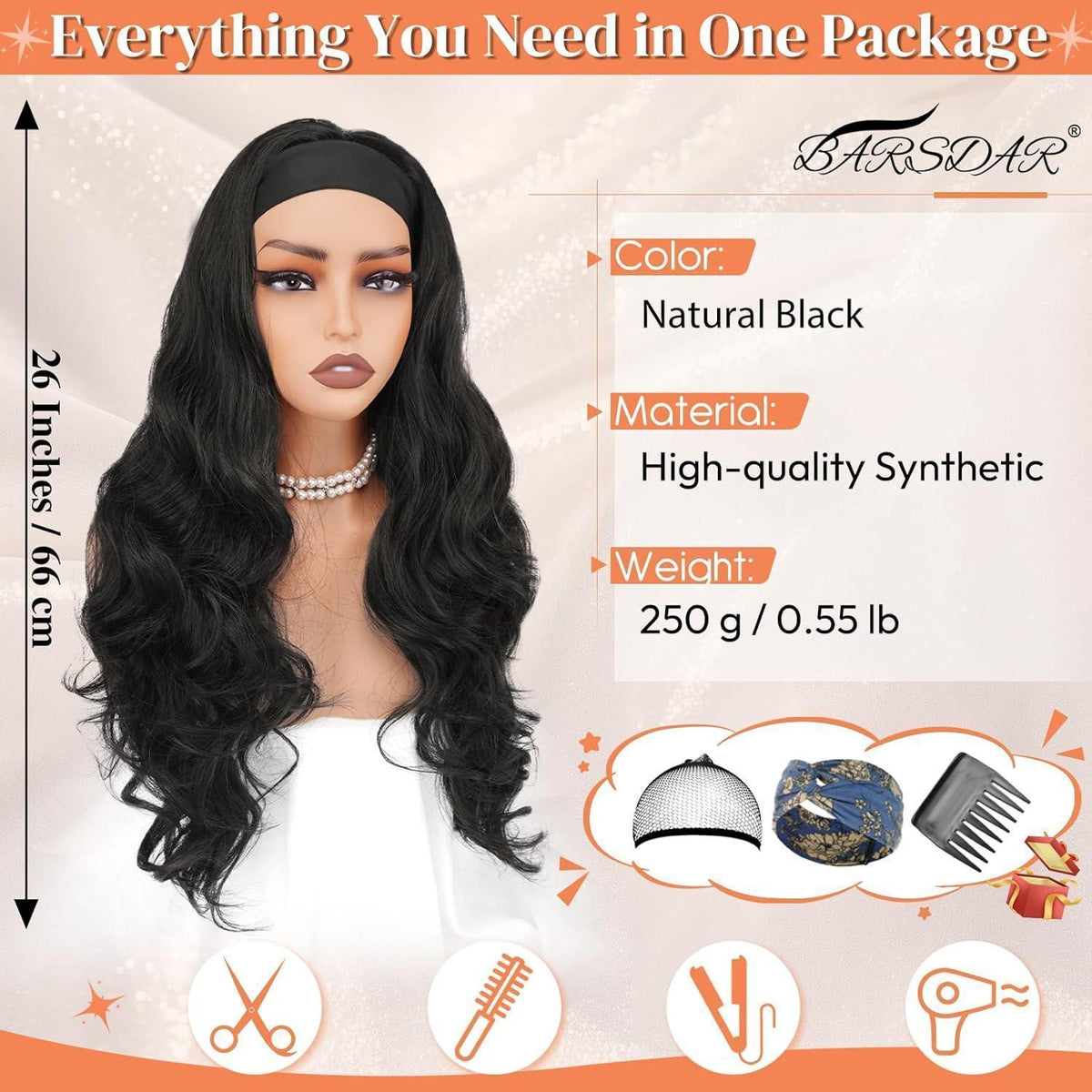 66cm Schwarze Gewellte Stirnband Perücke – Wear & Go Perücke