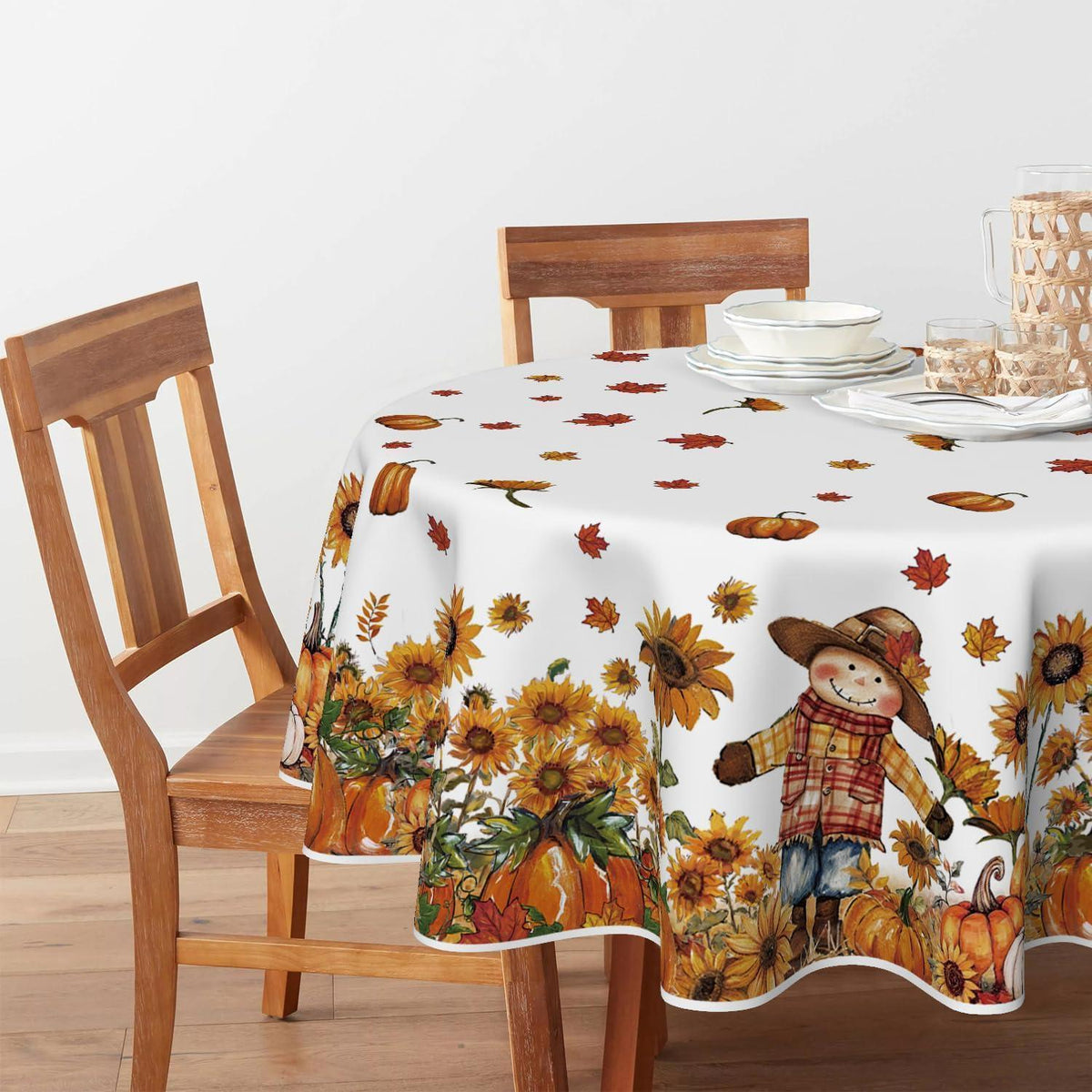 Runde Tischdecke 140 cm Herbst Dekor Sonnenblumen Weiß